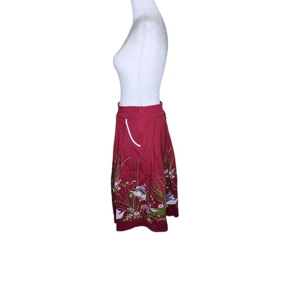 Lindy Bop Retro Circle Swing Skirt Swans Floral Womens Size 6 Red Pinup - Picture 6 of 9